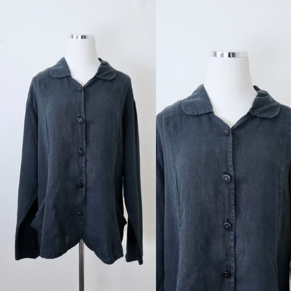 Flax Size L Woven Linen Collared Jacket Button Front High Low Hem Black - Picture 1 of 12